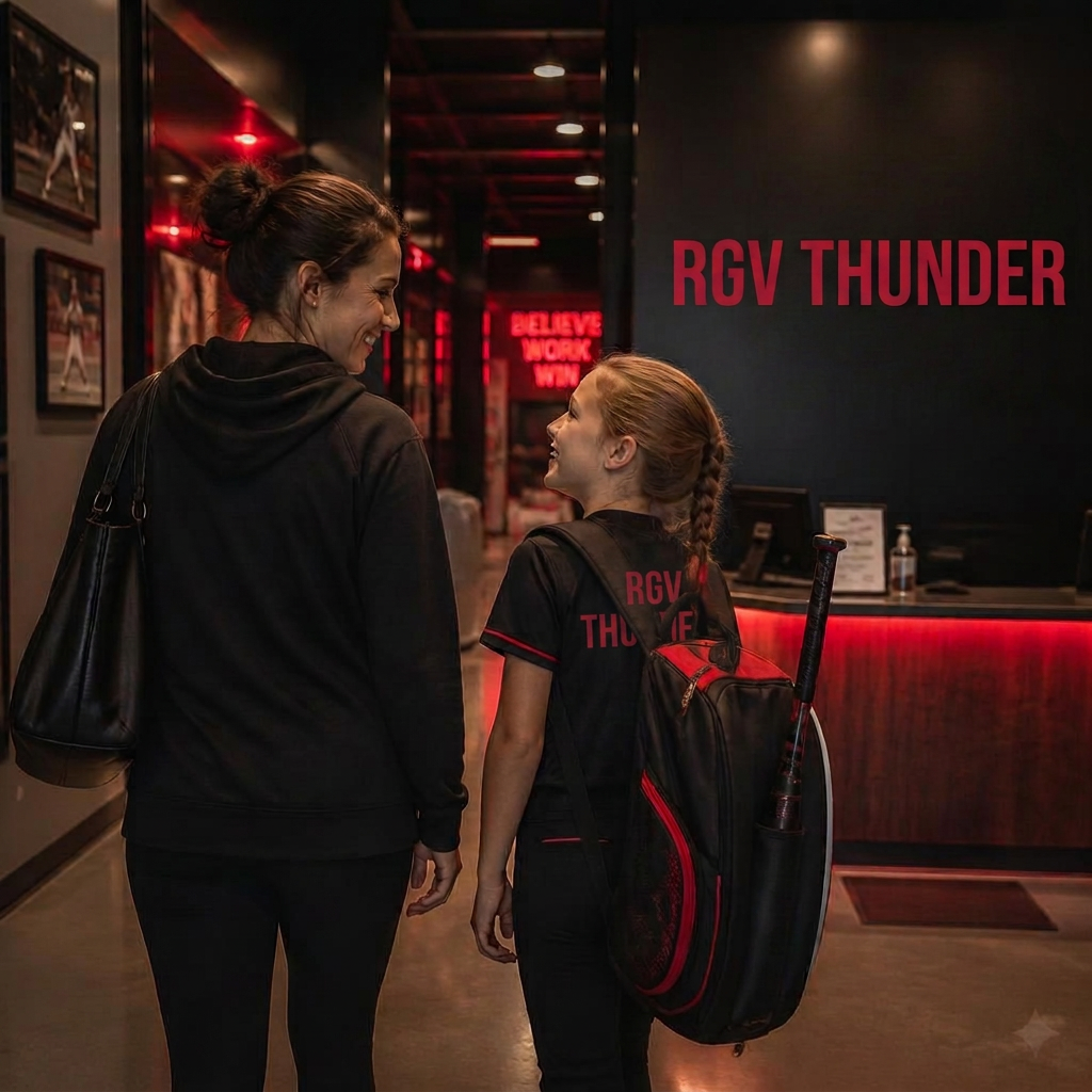A parent and young player walking into the RGV Thunder lobby